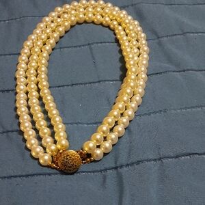 Vintage Classic 3-Strand Cream Pearl Necklace with Gold Clasp Gently Used